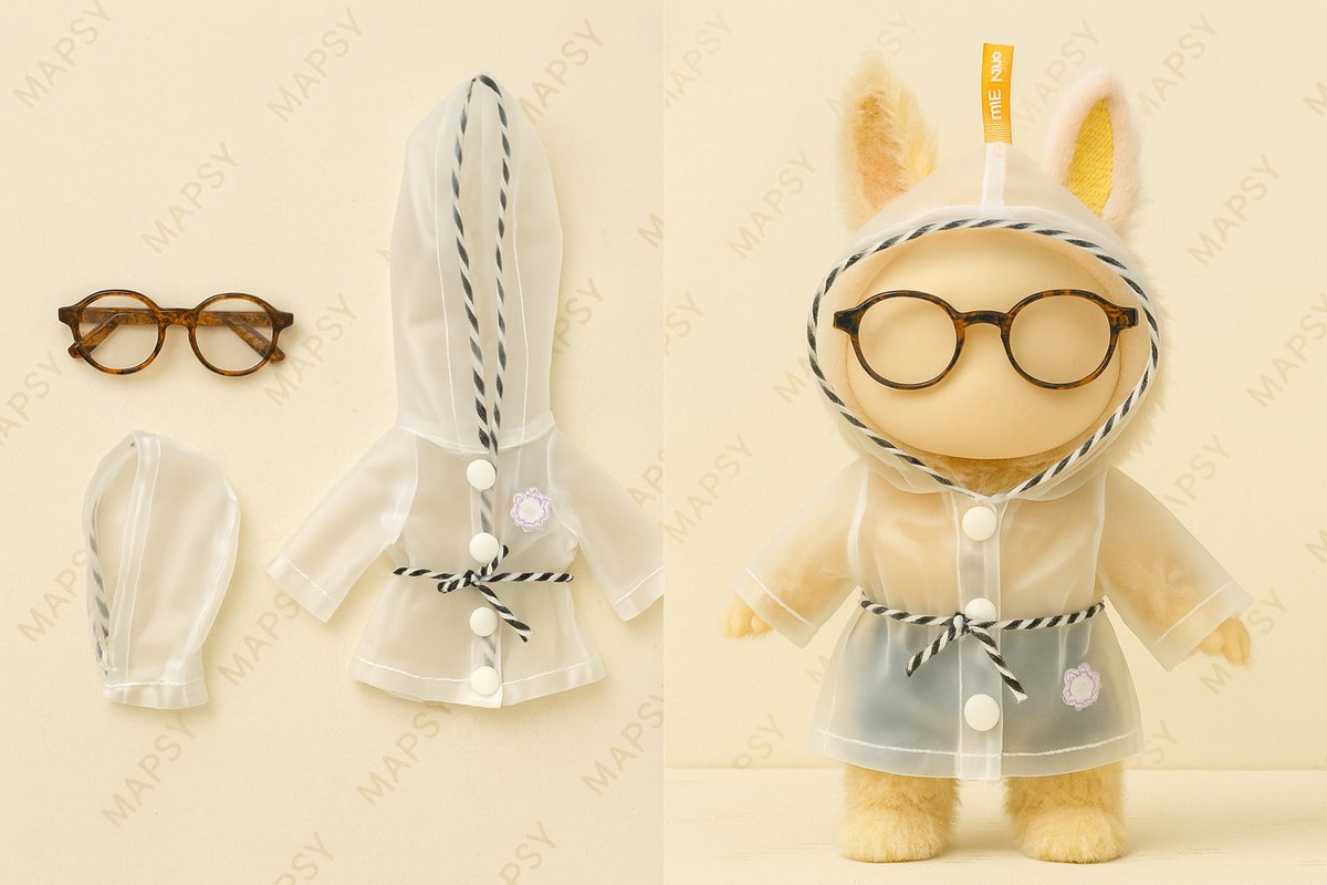 Kledingset geschikt voor Labubu – Regenjasje met capuchon en mini bril – voor 15-17 cm Labubu poppen (Big Into Energy, Macarons, Have a Seat) | Labubu Kleding | Labubu Kleren